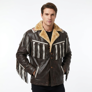 Men Brown <b>Leather</b> Western Fringe <b>Jacket</b> with Fur Collar Beaded Cowboy Genuine <b>Leather</b> Coat with White Tassels - Product Image 1