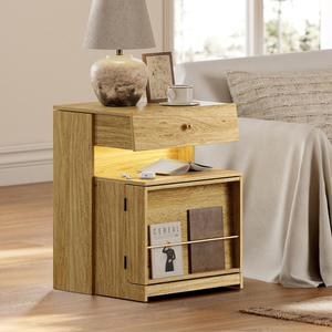 Tiered Oak Nightstand with Hidden Drawer Charging Station and LED Light, Multi-Layer <b>Storage</b> Side <b>End</b> <b>Table</b> for Small Bedrooms - Product Image 1