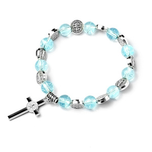 Rosario de cuentas de vidrio craquelado de 8 mm con colgante de cruz plateada, hecho a mano, unisex, regalo de oración, venta al por mayor, religioso, católico - Product Image 6