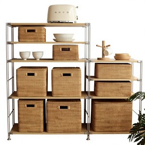 Minimalist Woven Bamboo <b>Storage</b> Bins With Lid Rectangular Stacking Design For Tableware 5 Layers - Product Image 1
