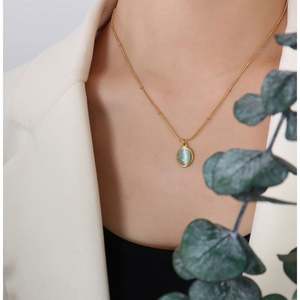 Kalung baja tahan karat Oval biru langit Cymophane Opal 316L kalung lapis emas 18K batu bening perhiasan antik Perancis wanita - Product Image 3