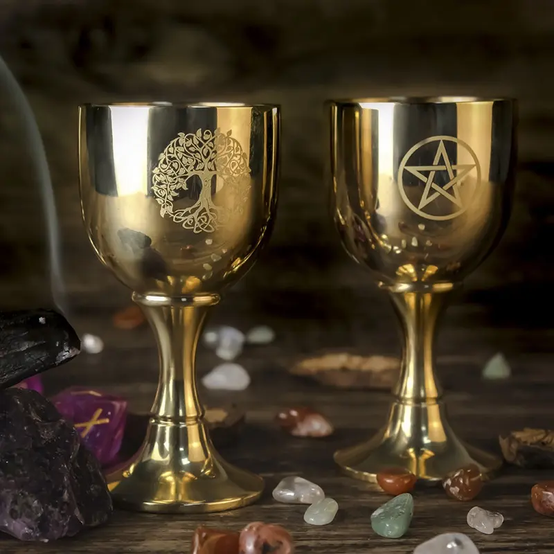 Cangkir ornamen pentagram bulan tiga fase cangkir air elemen Wicca cangkir Kudus tembaga ritual cangkir kuningan