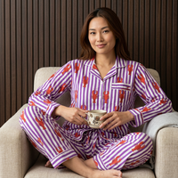 Ensemble de pyjama rayé pour femme avec imprimé homard, manches longues, boutons sur le devant, pantalon long jusqu'aux chevilles, en coton doux, tenue décontractée pour le printemps