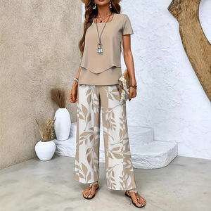 Ensemble haut imprimé et pantalon large pour femme, vert, style décontracté, tailles SMLXLXXLXXXL, style Europe Amérique - Product Image 4