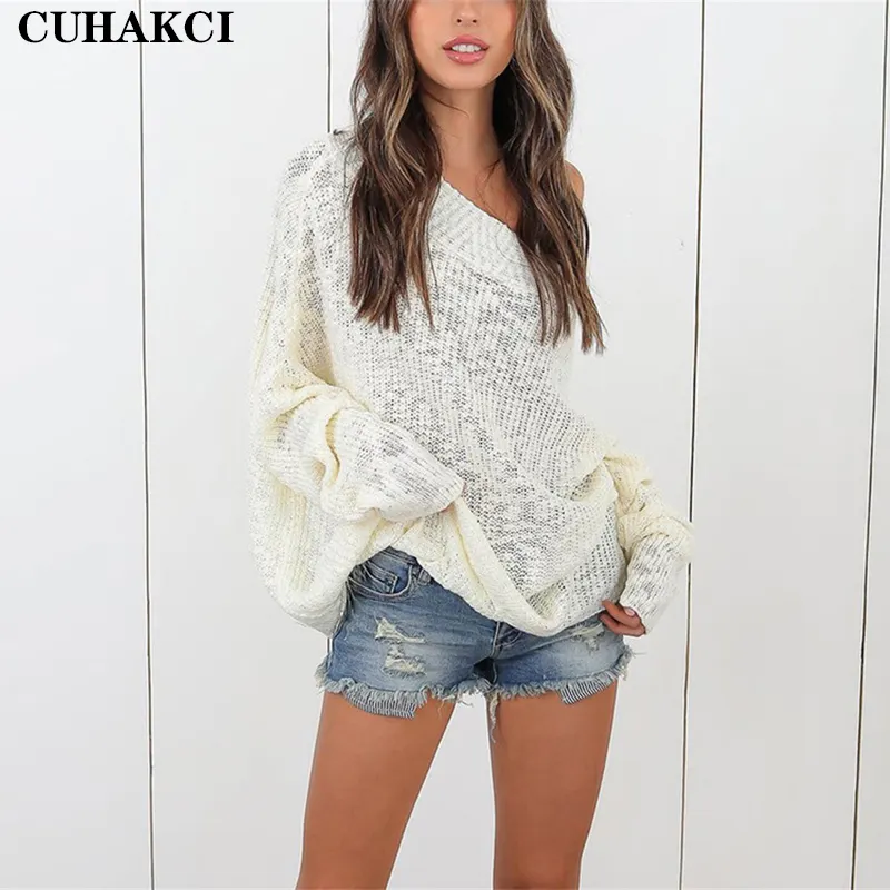 CUHAKCI Off Shoulder Sexy Elastic Knitting Pullover Female Bat Long Sleeve Knitted Sweater Women Fashion Jumper Pull Knit Shirt