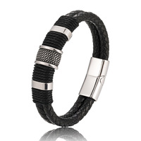 Bracelet pour homme en acier inoxydable tressé en cuir double couche noir punk à la mode, avec fermoir magnétique