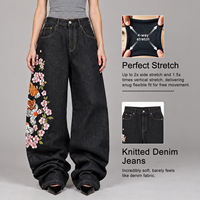 Jean cargo ample taille haute pour femme, motif floral, coupe droite, délavé clair, en denim polyester/coton, style décontracté bohème