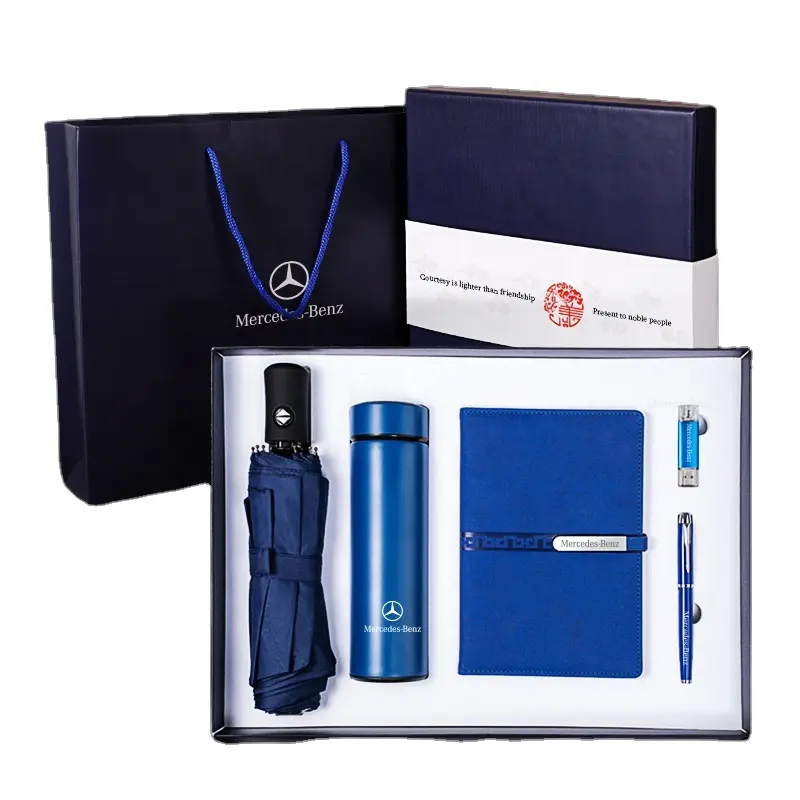Werbe geschenke Souvenir für Gäste benutzer definierte Logo Leder 2023 Tagebuch mit Stift und Flasche Regenschirm USB Power Bank