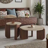 Table basse ronde rétro de luxe, plateau en marbre travertin naturel, table d'appoint légère en bois massif pour petite maison et balcon