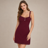 Vente en gros de chemises de nuit côtelées bordeaux pour femmes, sexy, avec dentelle, mini-robe de nuit, pyjama, personnalisable OEM ODM