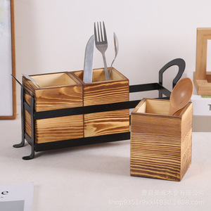 Wooden Cutlery Organizer With Metal Frame 33x9x15cm Kitchen Countertop Storage <b>Rack</b> For Knife Fork Spoon <b>Dish</b> Drying - Product Image 4