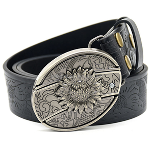 Ceinture en cuir véritable pour homme, en cuir de vachette, boucle argentée, broderie motif tournesol, style vintage, tendances individualistes, vente en gros - Product Image 2