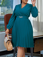 Nouvelle mode robe plissée à col en V pour femmes avec ceinture bouffée à manches longues dame élégante a-ligne couleur unie robe longue mi-longue de fête décontractée