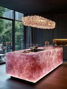 Popolare isola di cristallo di onice rosa con piano in marmo retroilluminato da tavolo in pietra traslucida in marmo bianco bagno Vanity Top Design - Product Image 5