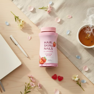 תוספי תזונה אורגניים לשיער, עור וציפורניים עם ביוטין בטעם תות, לנשים בוגרות, 2500 מיקרוגרם, 80 כמוסות, 40 מנות. - Product Image 4