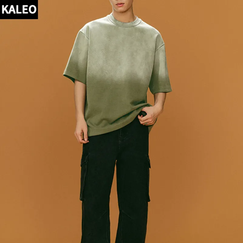 Kaleo T-Shirt aus dicker Baumwolle übergroße T-Shirts mit hängenden Schultern Streetwear verblasstes hochwertiges T-Shirt