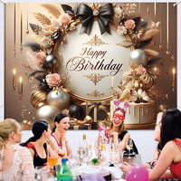 Bannière personnalisée Joyeux Anniversaire 2,1x1,5m, Guirlande Dorée, Grand Nœud, Panneau de Fond Photo pour Décoration de Fête