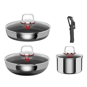 Juego de Wok de Acero Inoxidable 304 con Mango Desmontable, Utensilios de Cocina Antiadherentes para Camping, Juego de Cocina Portátil de 6 Piezas para Exteriores - Product Image 1