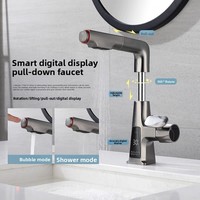 Robinet de lavabo moderne de luxe à poignée unique et à trou unique, à poser sur le plan, finition brossée, eau chaude/froide, cartouche céramique, lumière LED