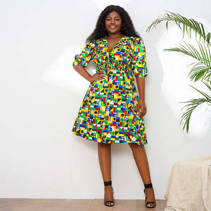 Nouvelle arrivée <span class=keywords><strong>Robe</strong></span> mi-longue en tissu africain Ankara <span class=keywords><strong>Wax</strong></span> en polyester à col en V et manches courtes pour femmes - Product Image 1