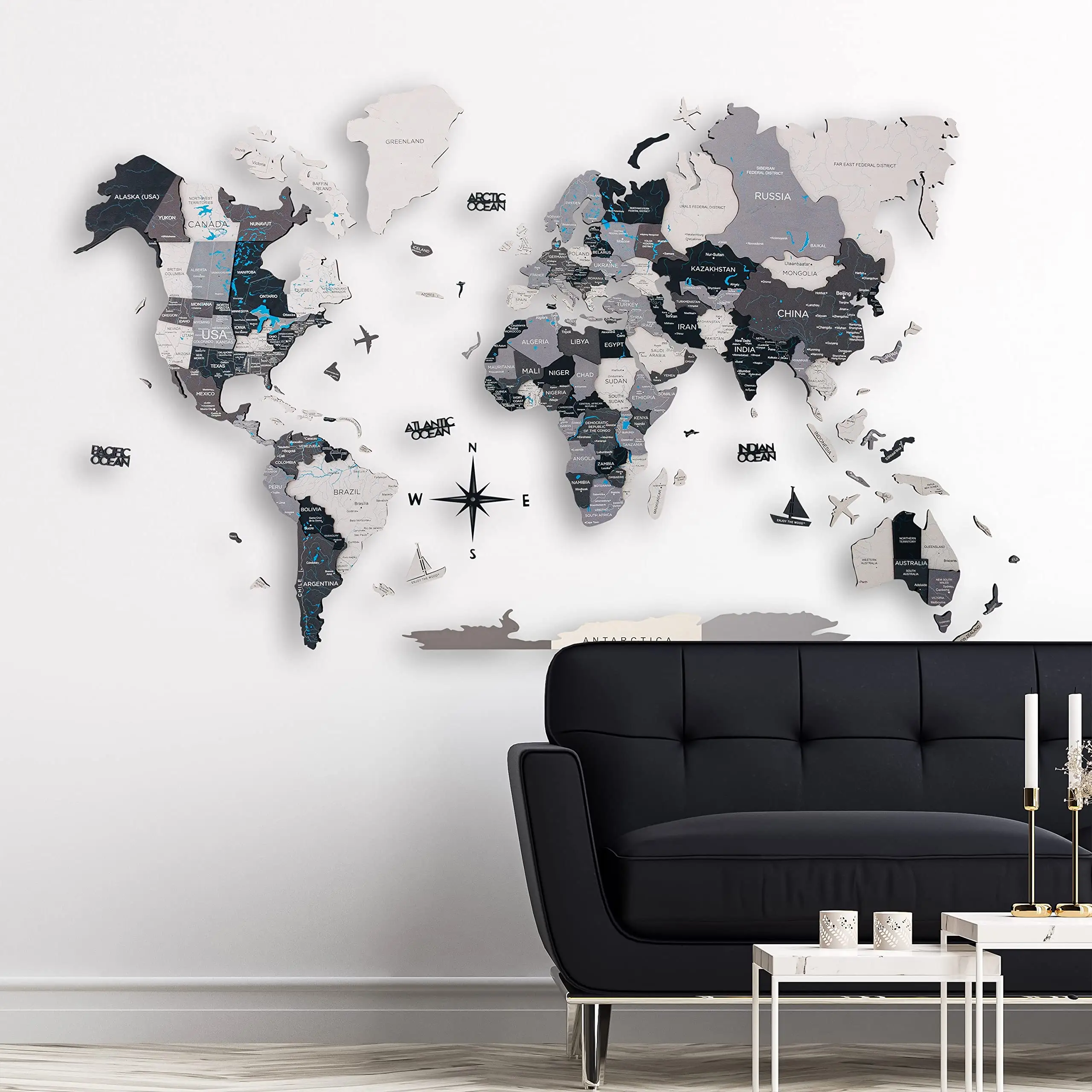 Mapa del mundo de madera 3D personalizado, decoración del hogar, gris, Blanco, Negro, Multicolor, fábrica, venta al por mayor