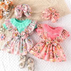 2024 Neues Design Großhandel Sommer Babykleidung-Sets Blume bedruckt Harley-Kleid Hut dreiteilig Baby-Mädchen-Bekleidung