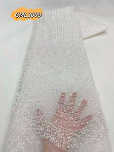 قماش دانتيل فرنسي فاخر عالي الجودة مصنوع يدويًا من الخرز الثقيل أقمشة دانتيل متسلسل للعرائس دانتيل زفاف أبيض - Product Image 2