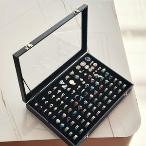 Professional Black 100 Slots <b>Large</b> <b>Ring</b> Display Tray With Cover Luxury Stackable Clear Jewelry Tray With Lid - Product Image 3