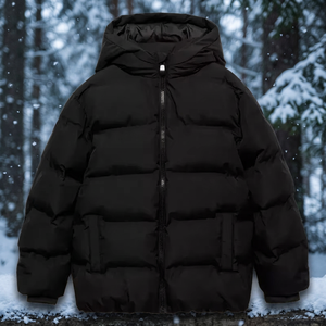 Chaqueta Acolchada Negra con Capucha para Hombre, Gruesa, Casual, de Invierno, con Cierre de Cremallera, Relleno de Poliéster, Corte Holgado, Color Sólido - Product Image 3