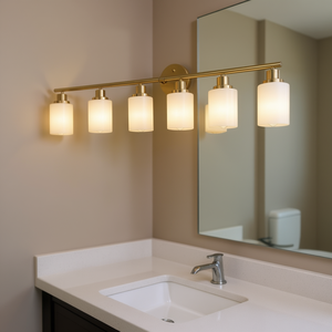 Applique murale moderne à 6 lumières pour salle de bain, finition dorée, 39 abat-jour en verre dépoli, éclairage LED blanc chaud, intensité réglable - Product Image 2