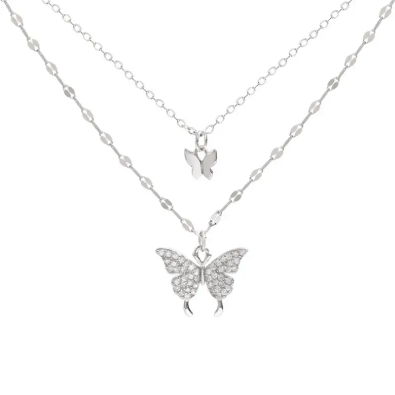 Collar de mariposa de cristal y diamantes de imitación de acero inoxidable para mujer, joyería de doble capa, venta al por mayor