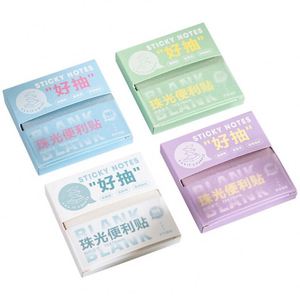 100sheets Pearlescent Easy-Pull Boxed Sticky Notes Set Assorted Soft Pastel Color <b>Memo</b> <b>Pads</b> Cute Pun-Themed Packaging School - Product Image 1
