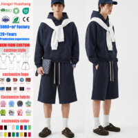Conjunto de Sudadera con Capucha y Pantalones Cortos para Hombre con Logotipo Personalizado, 2 Piezas, Verde Bosque, Oversize, con Bolsillos con Cordón, Venta al por Mayor, OEM, Streetwear a Juego