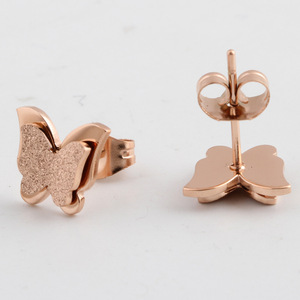Butterfly <b>Stud</b> <b>Earrings</b> Rose Gold Steel 12mm Double Layer Frosted Insect Design Fashion Jewelry Gift For Women - Product Image 4