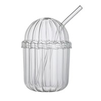 Vaso de Vidrio Borosilicato Resistente al Calor de 400 ml, con Tapa Abovedada Acanalada y Pajita, para Café Helado, Jugo, Leche, Té, Hecho a Mano, Reutilizable, para Niños