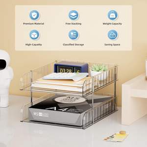 Clear Heightened Foldable Stackable 2-Tier <b>Desk</b> <b>Organizer</b> Paper & Letter/A4 Tray Storage Office File Folder Holder - Product Image 4