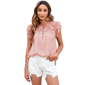 Summer Fashion T-shirt à col en V pour femmes, manches mi-longues en <span class=keywords><strong>lotus</strong></span>, col à volants, paillettes, mousseline de soie maigre, teinte unie. - Product Image 5