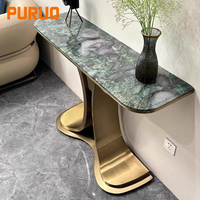 Table console longue et étroite extensible moderne pour entrée et couloir, plateau en pierre, base en acier inoxydable doré, design luxueux pour salon