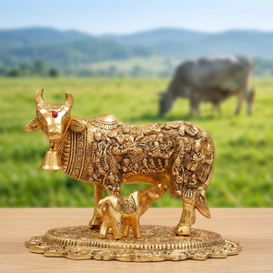 Figurine de vache et de veau en laiton plaqué or avec clochette et pierre rouge, décoration d'intérieur, art de la fonte, thème animalier - Product Image 2
