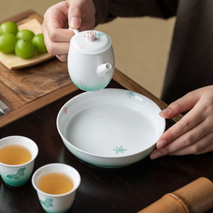 Round Ceramic Teapot Stand With Butterfly And Flower Design Porcelain <b>Tea</b> <b>Tray</b> Multifunctional For Home Use - Product Image 1