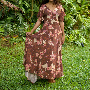 เดรสยาวทรงหลวมพิมพ์ลายโบฮีเมียนสำหรับฤดูร้อน คอวีลึก ผ้าลินินและวิสโคสสั่งตัดได้ แฟชั่นชุดเดรสผู้หญิง - Product Image 1