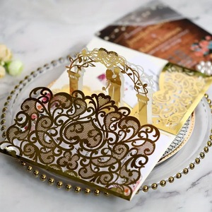 Nuovo stile di lusso 3D Pop up di nozze sposa biglietti di auguri di carta piegata modello stampato <span class=keywords><strong>invito</strong></span> a nozze carta oro - Product Image 3