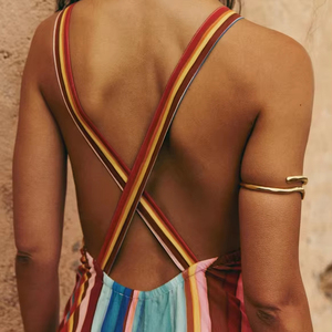 Women's <b>Boho</b> Multicolor Striped Halter Neck Sleeveless Flowy Maxi <b>Dress</b>-Casual <b>Summer</b> Beach Cover-Up Vacation - Product Image 2
