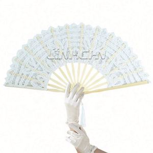 High Quality Traditional Folk Art Antique Bamboo Lace Hand Fan 27cm Polyester Silk Screen Printed for Wedding Favors <b>Gifts</b> - Product Image 1
