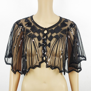 Chal <span class=keywords><strong>de</strong></span> lentejuelas <span class=keywords><strong>de</strong></span> estilo 1920s para mujer, capa envolvente <span class=keywords><strong>de</strong></span> noche con aleta brillante, cárdigan <span class=keywords><strong>de</strong></span> malla <span class=keywords><strong>de</strong></span> poliéster, Chaleco corto para verano - Product Image 1