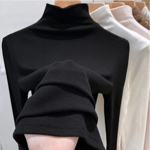 High Neck Long Sleeve Solid Color T-Shirt Women Autumn Winter Warm Slim Fit Base <b>Layer</b> Fleece Lined Stretchy Knit <b>Top</b> - Product Image 2