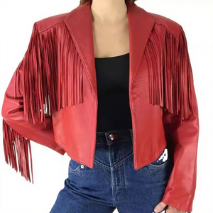 Womens Real Red Leather <b>Jacket</b> Fringe Tassels Lapel Sheepskin <b>Western</b> Cowgirl Cropped Coat Custom Vintage Winter Outerwear - Product Image 1