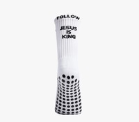Chaussettes de football athlétiques personnalisées en Spandex/Nylon/Coton avec grip antidérapant en silicone, tricotées, montantes, à revers haut et design de la partie inférieure
