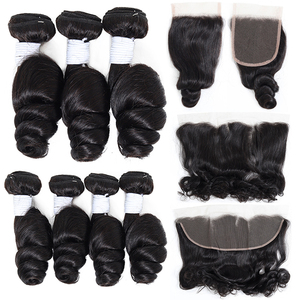 Rambut Manusia Brasil Mentah 100% Asli Dengan Lace Closure Double Weft Full Cuticle Aligned Hair Bundles Dengan Lace Frontal Loose Wave - Product Image 3