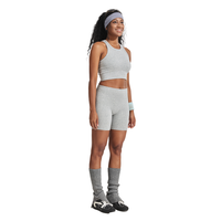 Ensemble de yoga doux effet seconde peau gris uni, comprenant un haut court dos nageur et un short cycliste taille haute, tenue de fitness pour la gym, l'entraînement et le sport